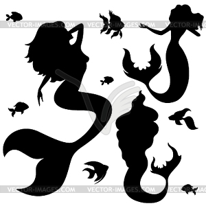 Mermaid and fish silhouettes - vector clipart