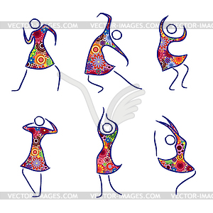 Set of six dancing female figures - vector clip art