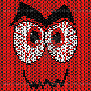 Knitted grimace with angry bloodshot eyes - vector image