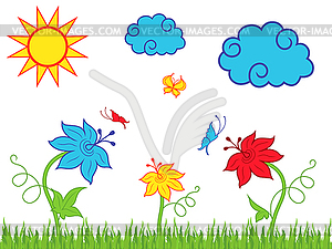 Солнце и облака над цветущим лугом - изображение в векторе