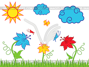 Sun and clouds over flowering meadow - vector image