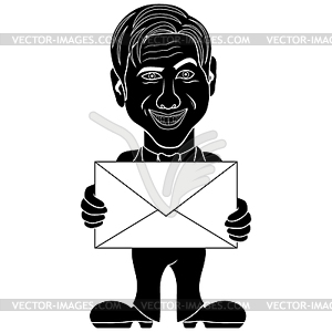 Gentleman holds glued envelope - white & black vector clipart