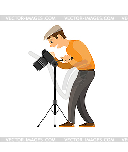 Photographer Adjusting Digital Camera On Tripod Vector Clipart