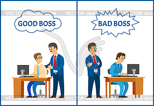 Good and Bad Boss, Comparing Attitude to Employee - vector clipart