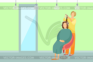 Hair Styling Poster Woman Sitting And Hairdresser Vector Image