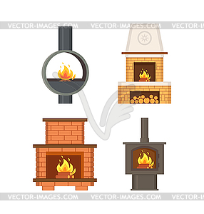 Kamin Mit Protokollen Und Feuer Flammen Set Vektor Design