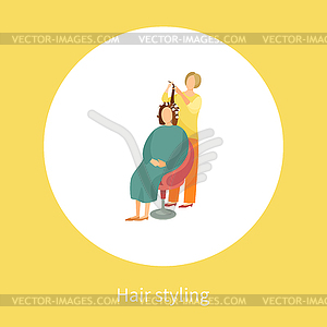 Hair Styling Poster Woman Sitting And Hairdresser Vector Clip Art