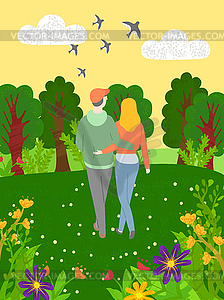 Back View Of Hugging People Walking In Forest Birds Vector Clipart