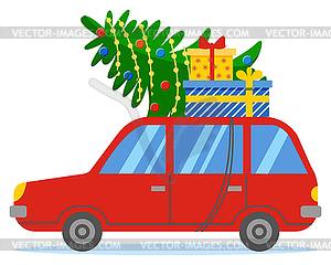 Rotes Auto Mit Tanne Und Kasten Auf Dach Weihnachtsvorbereiten Vector Clipart Eps