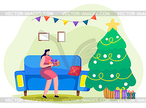 Frau Die Zu Hause Geschenk Nahe Tannenbaum Halt Vektor Clipart Vektor Bild