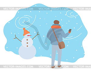 Mann Der Draussen In Schneesturm In Kerl Und In Schneemann Geht Vektor Clipart Vektor Bild