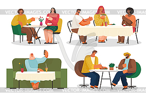 Essen Gehen Cafe Oder Restaurant Freunde Und Paare Vector Illustration