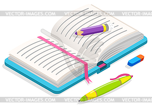 Geoffnetes Notizbuch Stift Bleistift Und Gummi Royalty Free Clipart