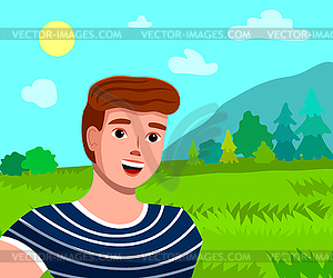 Junger Kerl Machen Selfie An Schoner Landschaft Mit Vector Clipart Vektorgrafik