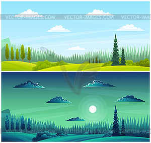 Und Nacht Landschaft Landschaft Mit Mond Gras Vektor Clipart Vektor Bild