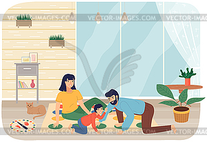 Cheerful family plays twister. People with game on - vector clipart