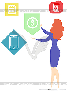 Woman looks at notebook, calculator, phone and - vector clip art