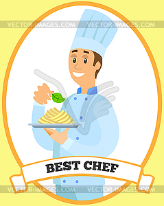 Chef standing with plate of pasta, dish of italian - vector clipart