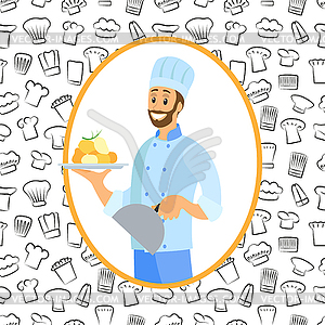 Man holds plate with ready-made meal and lid. - vector clip art