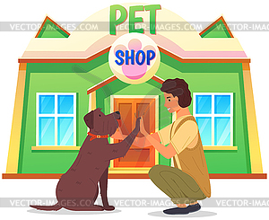Dog and man give high five on background of pet - vector clip art