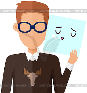 Man holding picture of cute kawaii sleeping face. - vector image