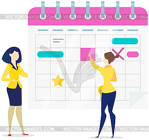 Women check calendar with planned activities. - vector clip art