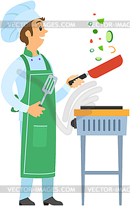 Chef stands with spatula and frying pan in hand. Ma - color vector clipart