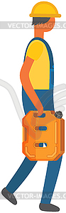 Workman in uniform holding orange canister. Man in - vector clipart