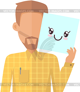 Bearded man holding picture of cute kawaii happy - vector image