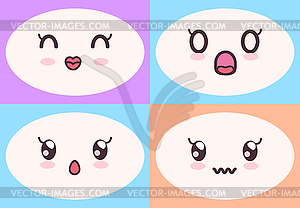 Kawaii cute faces on colorful backgrounds set. Mang - vector clipart