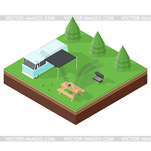 Camping RV outdoor vacation isometric icon set - vector clip art