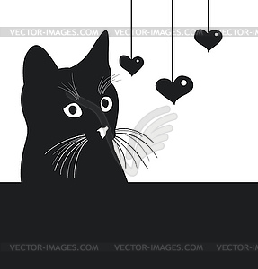 Black cat watching hearts - vector image