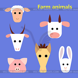 Set of farm animals heads - color vector clipart