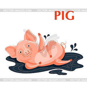 Образовательная открытка для свиней, играющая в грязевой луже - изображение в векторе