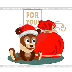 New year or Christmas greeting card with dog, bag - vector clip art