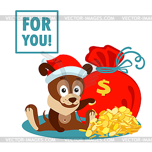 New year or Christmas greeting card with dog, bag - vector clipart