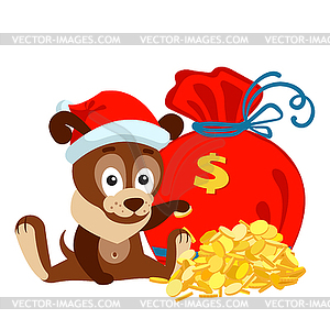 New year or Christmas greeting card with dog, bag - vector image