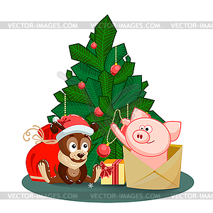 Puppy, bag, gifts and pig jumping out of an envelop - vector clipart