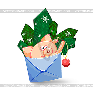 Funny pig jumping out of an envelope to decorate fi - vector image