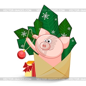 Joyful pig jumping out of an envelope to decorate - vector clip art