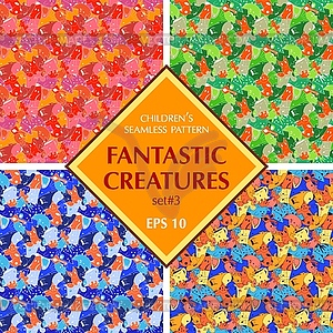 Set of bright background with fantastic creatures - royalty-free vector clipart