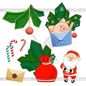 Santa Claus and glass ball, pig, develop, bag, fir - vector clipart