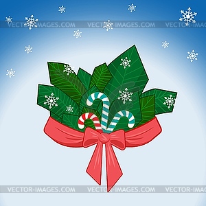 Winter stripe branch with bow and ribbon, sweet - vector image