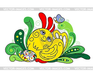 Newborn chick sitting on Easter eggs - vector clipart