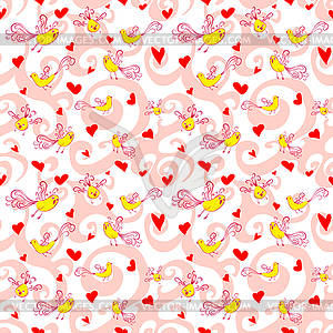 Seamless pattern with birds and hearts - vector clipart