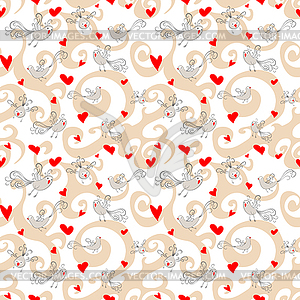 Seamless pattern with birds and hearts - vector clipart