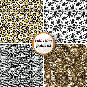 Patterns with zebra, Dalmatian, leopard and braids - vector image