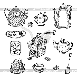 Set of cartoon images of coffee and tea cups - vector image