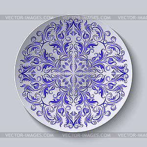 Circular plate with blue ethnic ornament - vector image