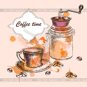 Фон с рук рисунок эскиз кофе время - векторное изображение EPS